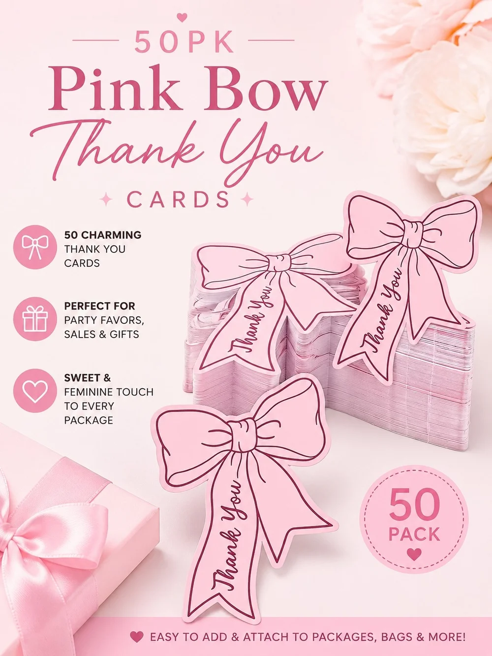 💕5/$20 - 50 Pink Bow Thank You Tags 🎀